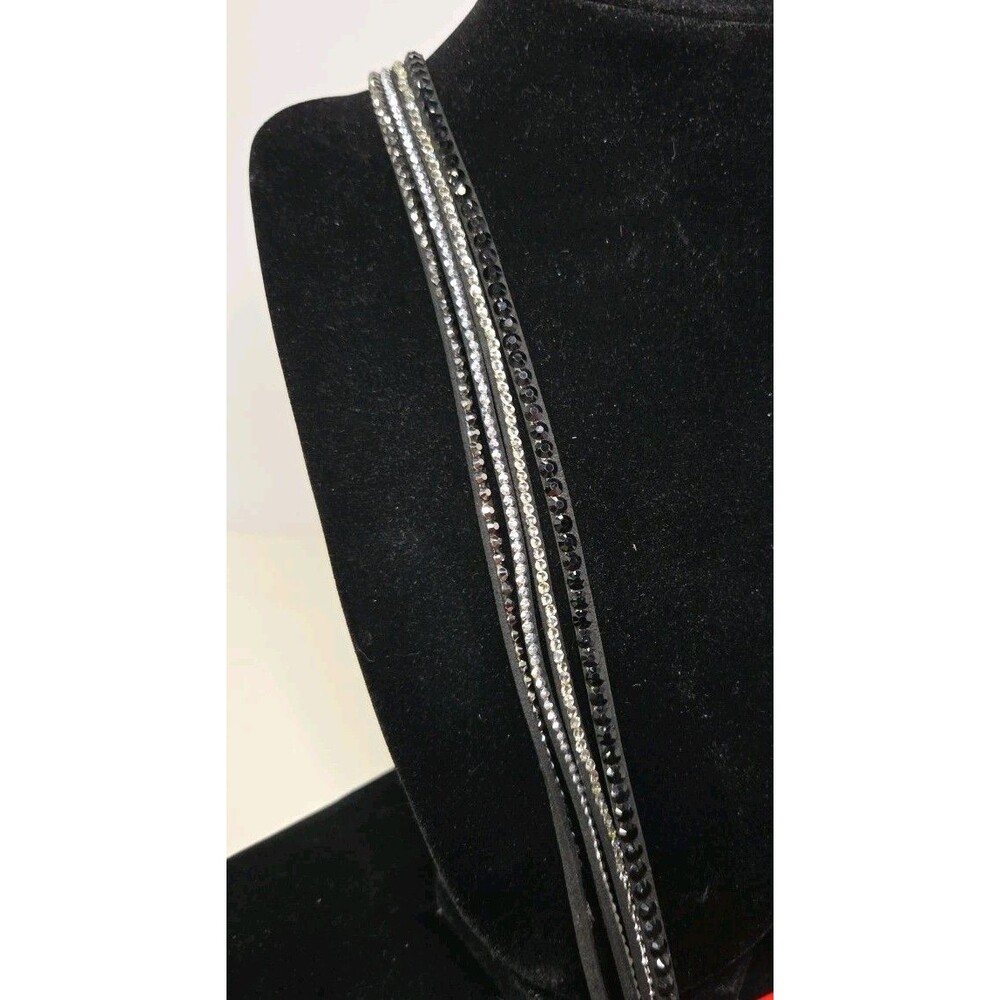 Yik Fung Black 14" To 16" Vegan Leather Choker With Rhinestones & Black Beads